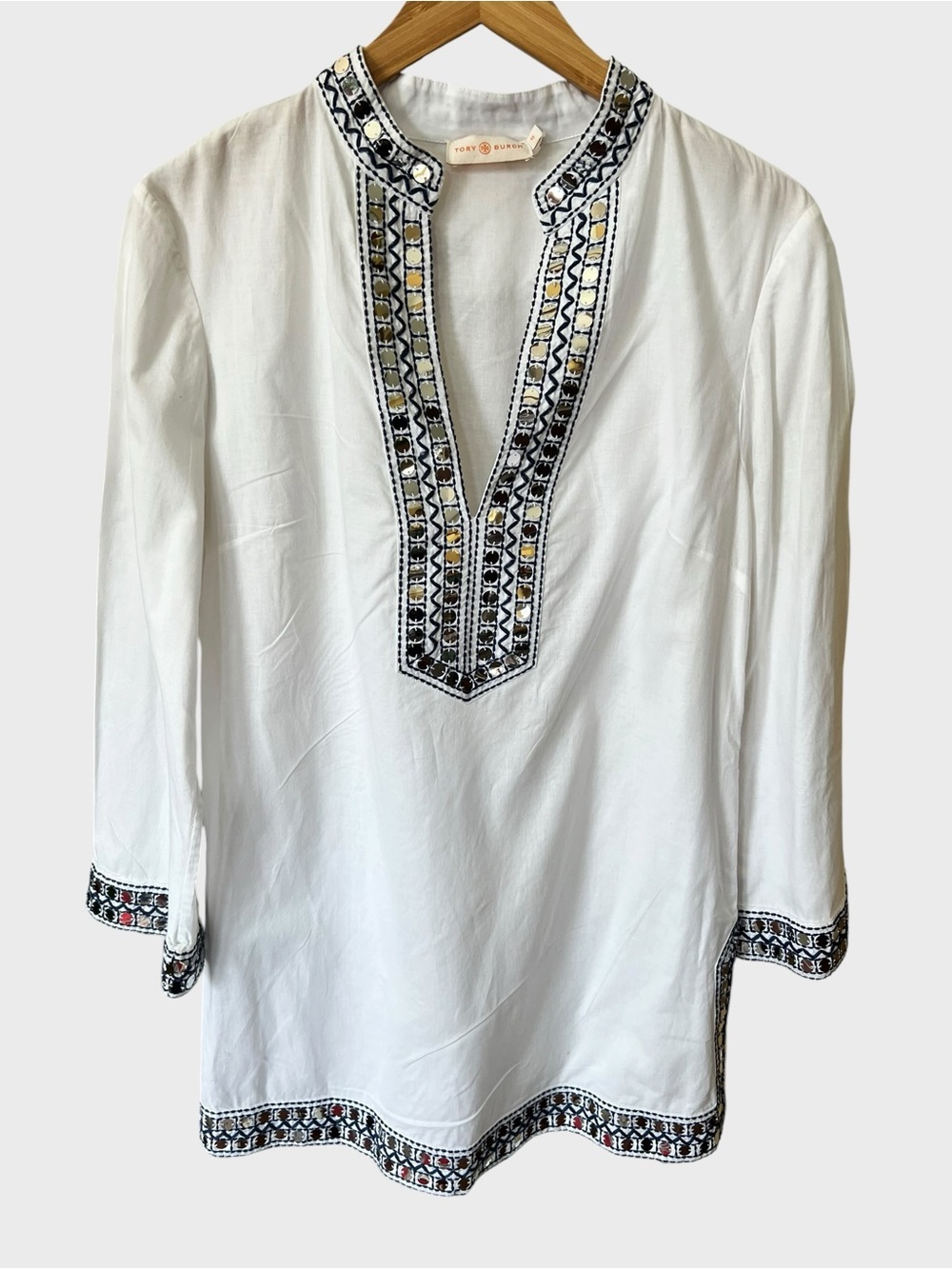 Tory Burch White Tunic with Black and Gold Embroidered Trim